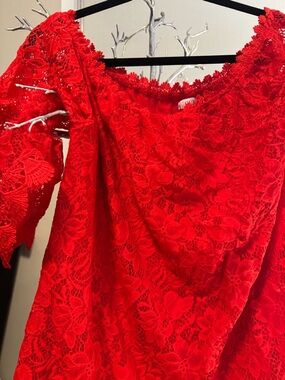 Red Floral Lace Off-Shoulder Top